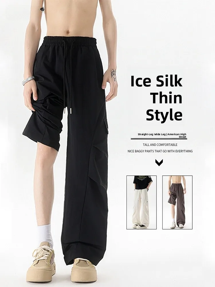 

Ice Silk Men's Summer Thin American Sle Casual Straight Leg Work Pants Loose Drapey Drop-Crotch Casual Wide Leg Long Trousers