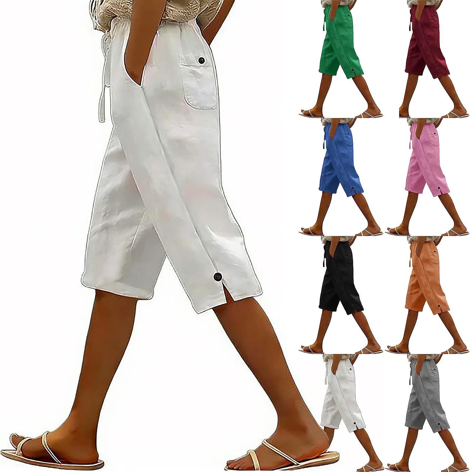 Linen Pants Women Casual Button Loose Cropped Pants Summer Spring Cotton Linen Trousers