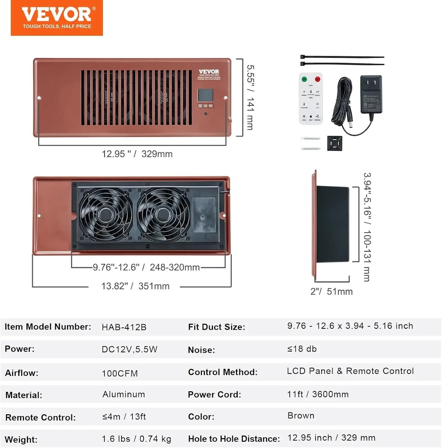 Register Booster Fan, Quiet Vent Booster Fan Fits 4” x 12” Register Holes, with Remote Control and Thermostat Control