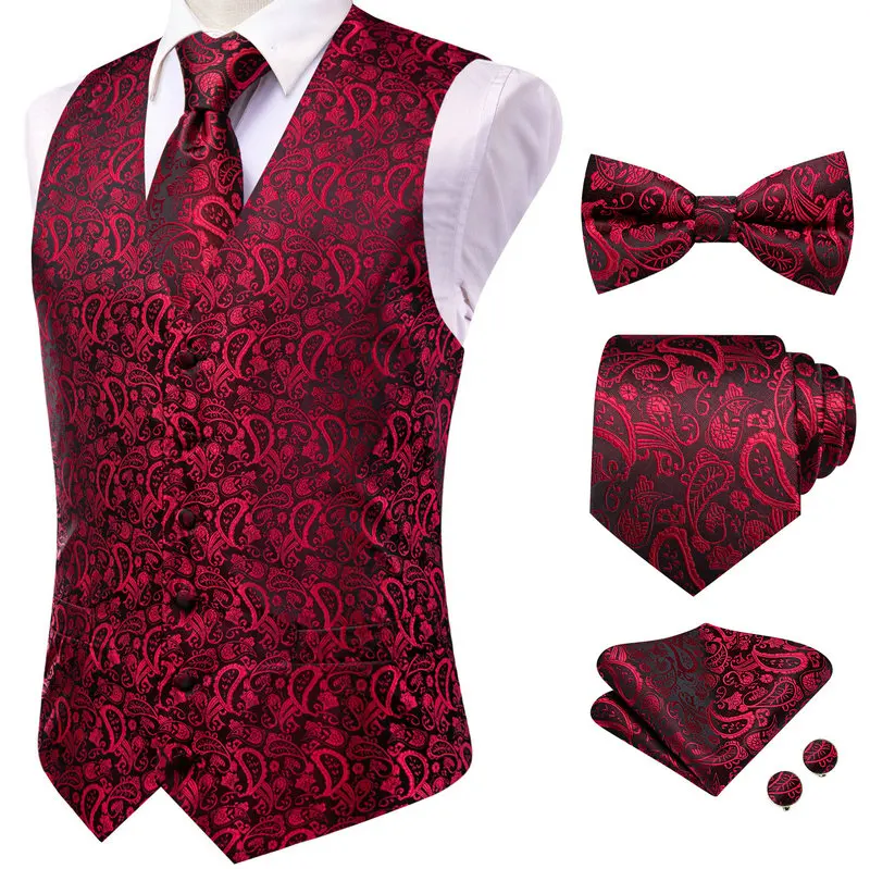 Herren Rot-Rosa Blumen-Paisley V-Kragen Weste Komplettset Business-Party-Kleidung Passendes Outfit – Detail 4