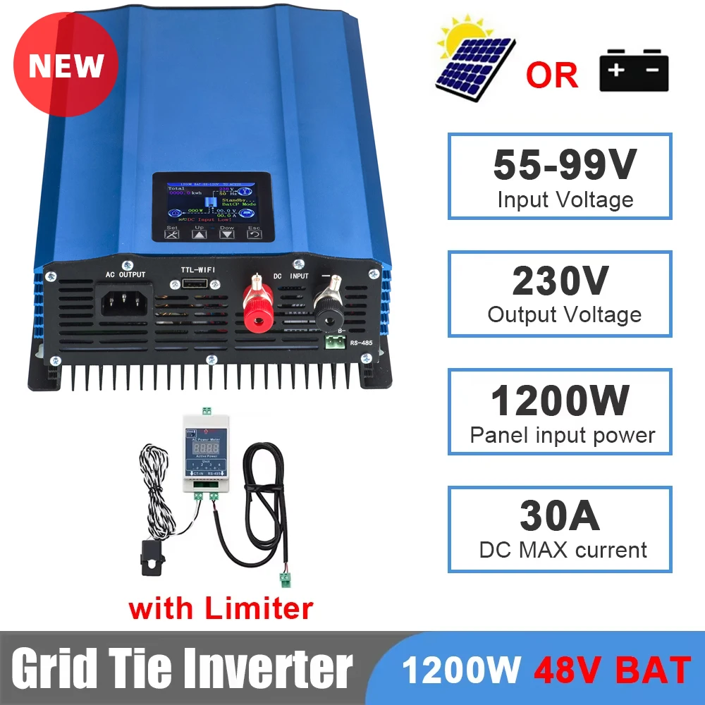 Y&H 1200W 1000W Grid Tie Inverter met Limiter Zuivere Sinus Omvormer Batterij Ontlading Modus Ingang 48V/24V Optioneel WiFi