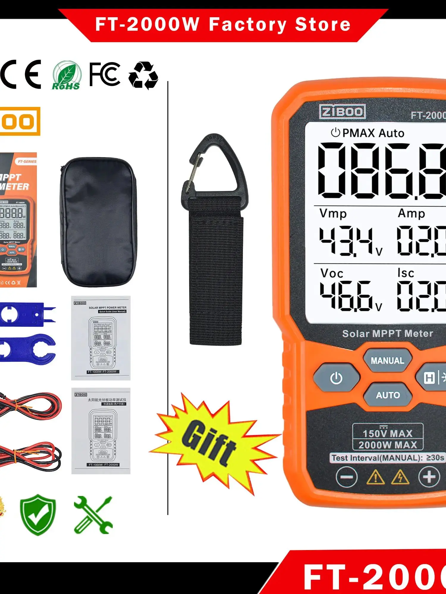 ZIBOO FT-2000W Solarpanel-Tester, MPPT-Messgerät, offener Stromkreis, Spannung und Kurzschluss, mit Hintergrundbeleuchtung und Datenspeicherung, FT-1000 W.