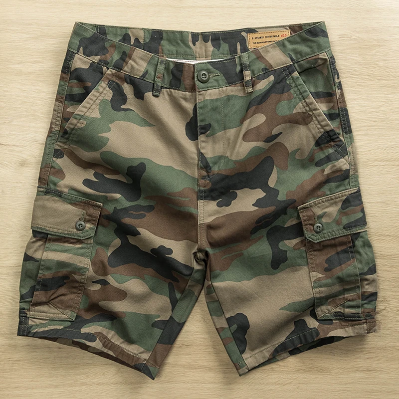 Heavyweight summer 100% cotton camouflage men workwear half pants American loose straight casual pocket washed cargo shorts