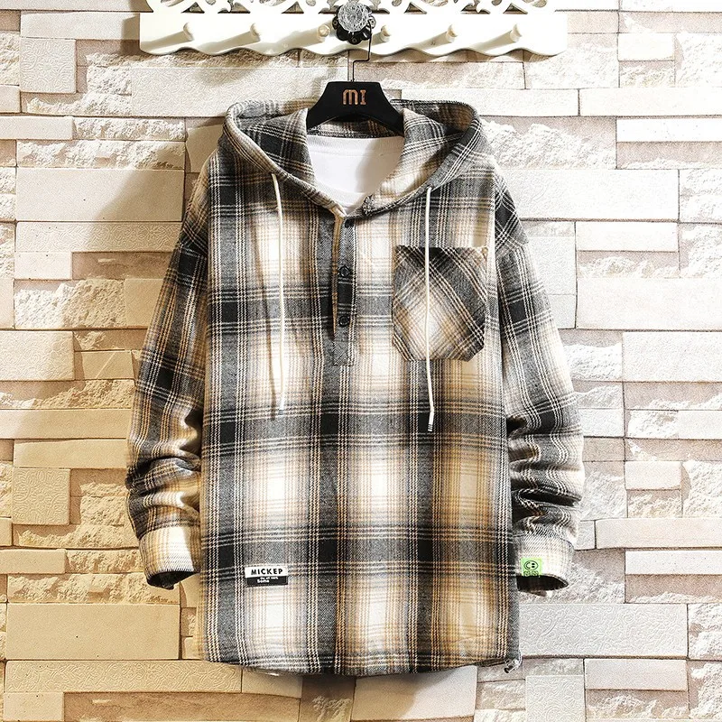 2023 Autumn New Hong Kong Style Pullover Hooded Plaid Coat Loose Oversized Shirt for Boys