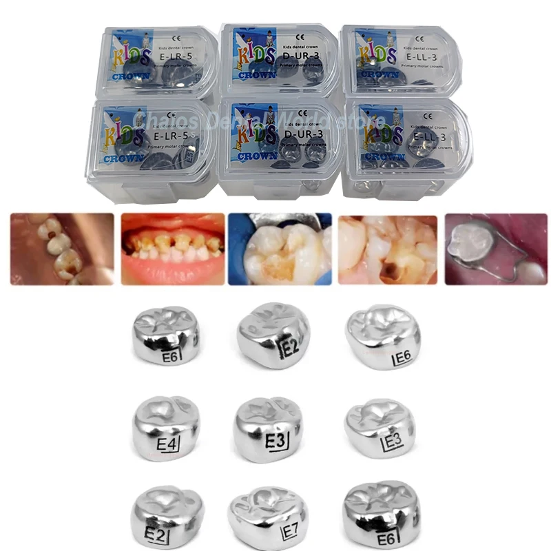 

5Pcs/Box Stainless Steel Dental Metal Crown Kids Teeth Primary Molar Temporary Molar Refill 1st/2nd D2-D7/E2-E7 Teeth Protection