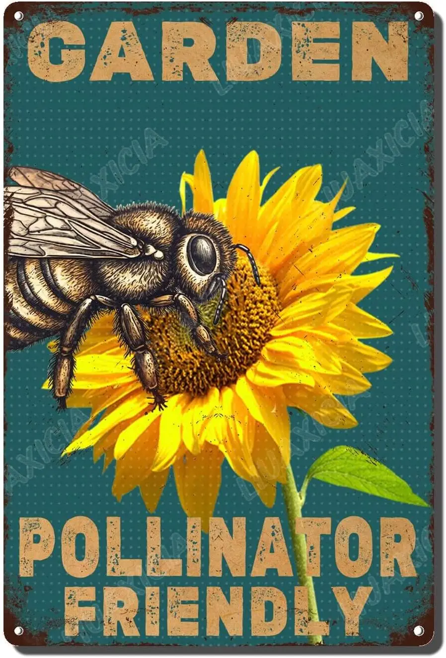 Funny Metal Tin Signs Garden Pollinator Friendly Bee Metel Interesting Wall Decoration is Suitable for O