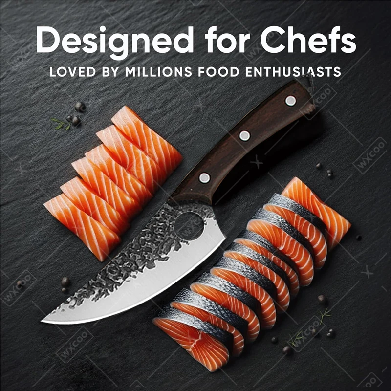 WXCOO Hand Forged Butcher Knife Meat Cutting Cooking Kitchen Knife Stainless Steel Boning Knife with Roll Storage Fruit Peeling