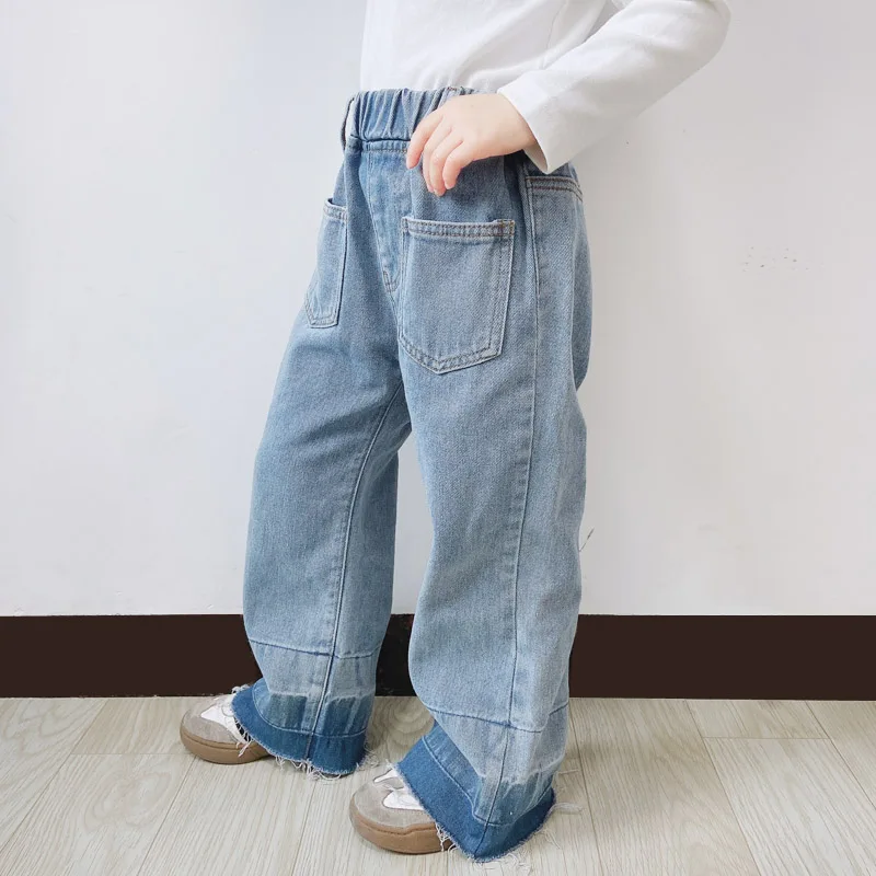 

ANKRT Kids denim loose gradient color wide leg retro jeans for girls, long pants for children