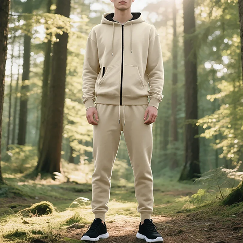 

American heavy fleece autumn and winter men's loose trend drawstring hooded zipper cardigan sweatshirt sweatpants set