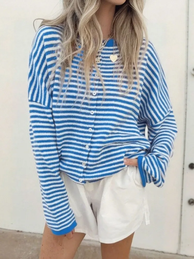 

New Fashion Autumn Winter Long Sleeved O Neck Single Breasted Striped Knitted Women's Cardigan, Casual Chic Women's Sweaters Top
