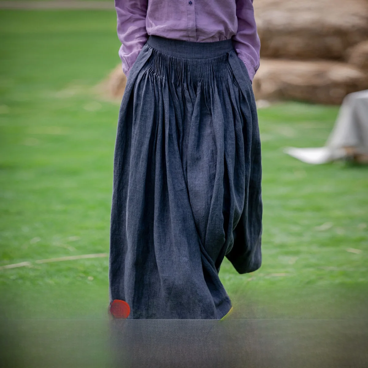 

Artistic Casual Heavyweight Linen Umbrella Skirt Versatile Single Piece A-Line Long Dress Commute Style Pure Color Mid-Waist