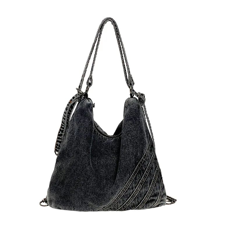 الدنيم سعة كبيرة حمل حقيبة للنساء جديد قماش فني نمط حقيبة كتف مزدوجة الكتف تصميم الربط سلسلة ظهره #5