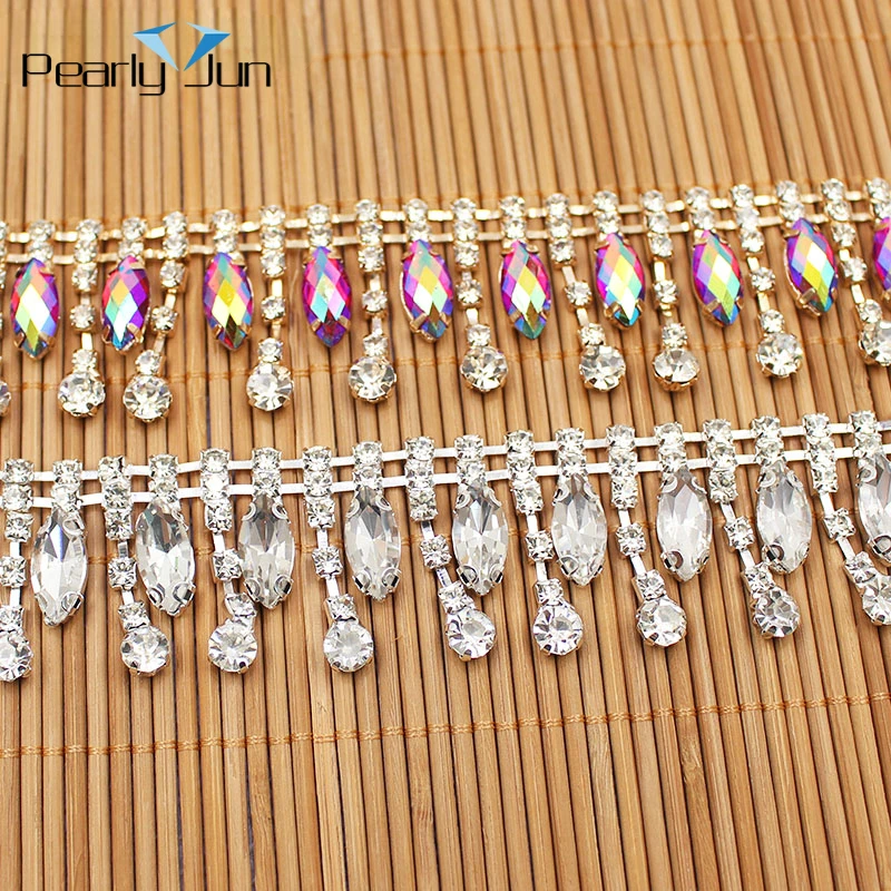 1/5 yards 3cm Drop AB Color Rhinestone Trim Silver Crystal Gold Chain For Clothing Decoration Shoes Bag DIY Accessories ML057