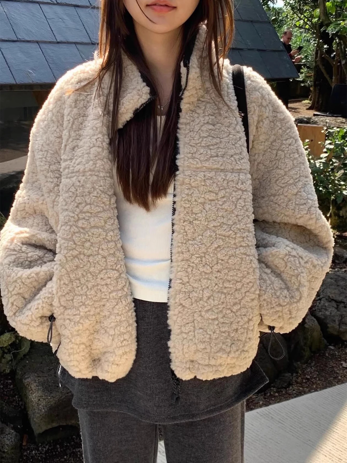 

Retro Stand Collar Dstring Design Lamb Fur Cotton Jaet Women's Loose Color Top Warm Korean Sle Long Sve Coat