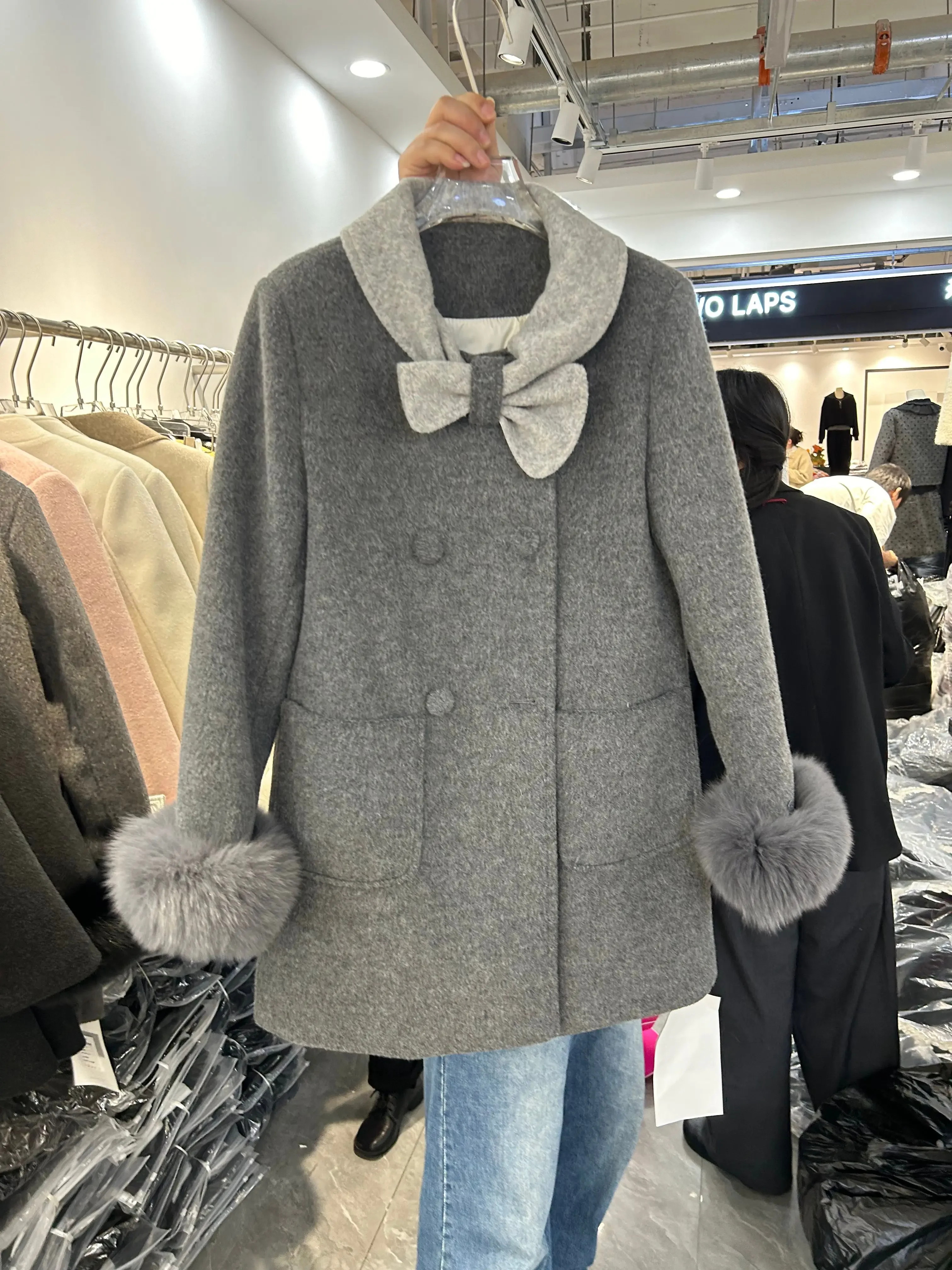 Female 2024 Autumn Winter Blends Socialite Double-breasted Sleeves Straight Coat Bow Collar Fashion Down Liner Medium Long Coats