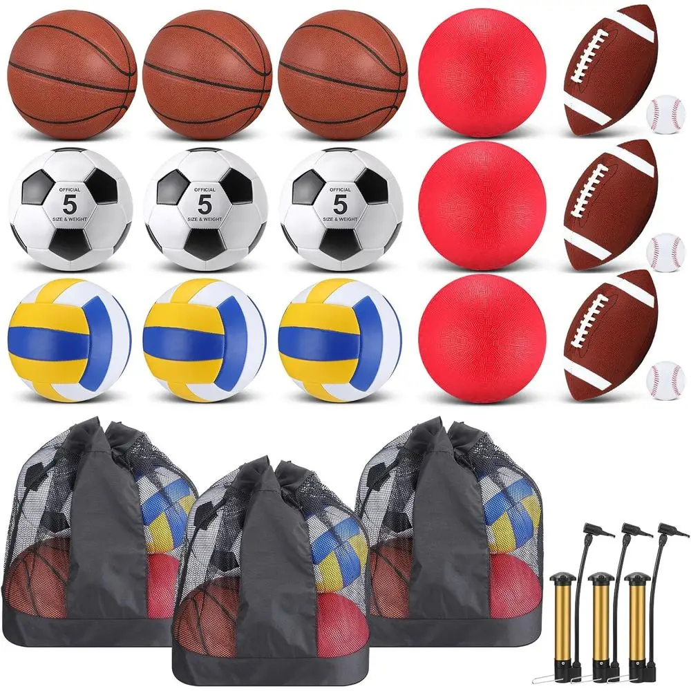 

Bulk Set of 18 Sports Balls: Basketball, Soccer, Volleyball, Baseball with Equipment Bag and Pump for Adults and Kids
