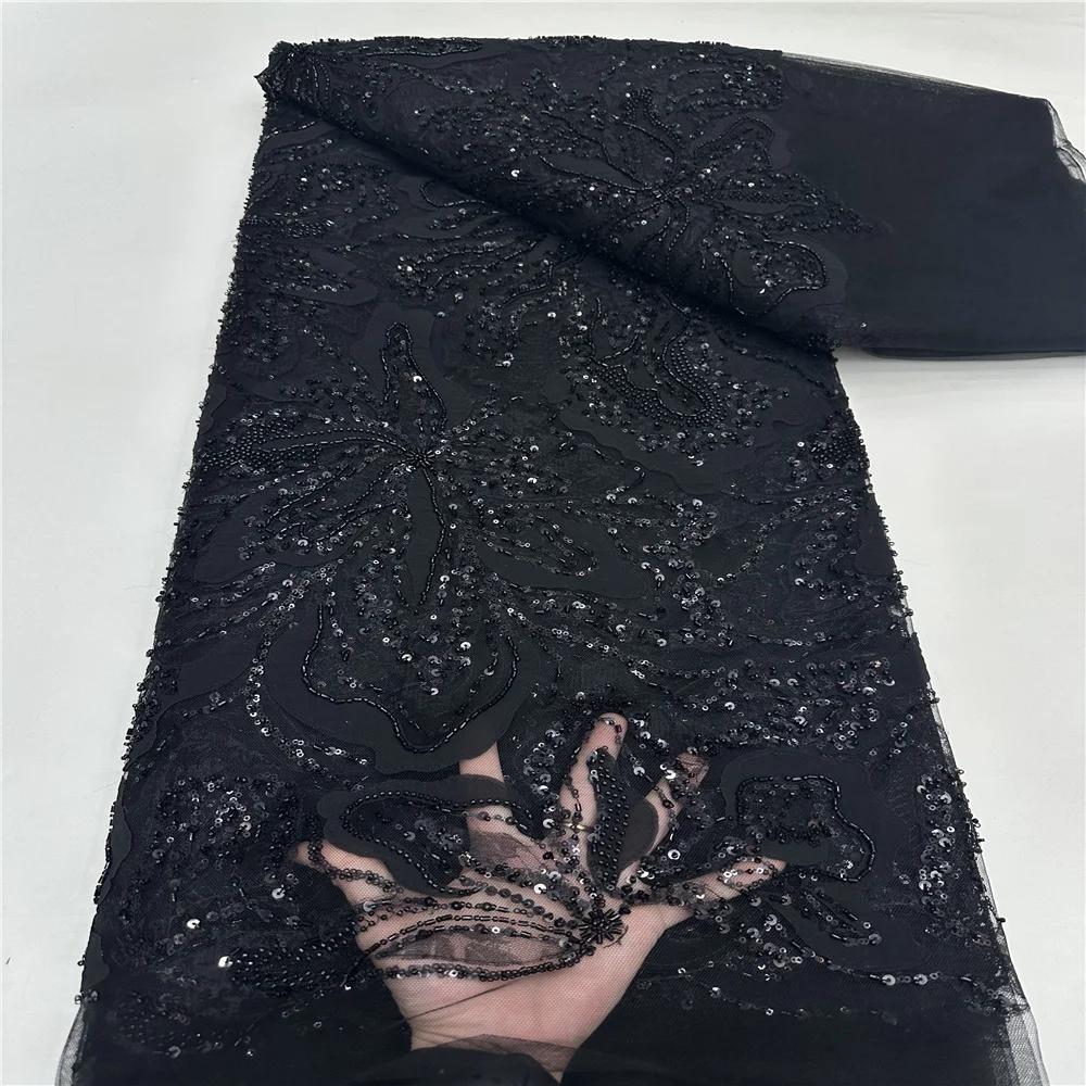 African Lace Fabric 2025 High Quality French Sequins Embroidery Beads Tulle Lace Fabric For Wedding Party Dress Sewing
