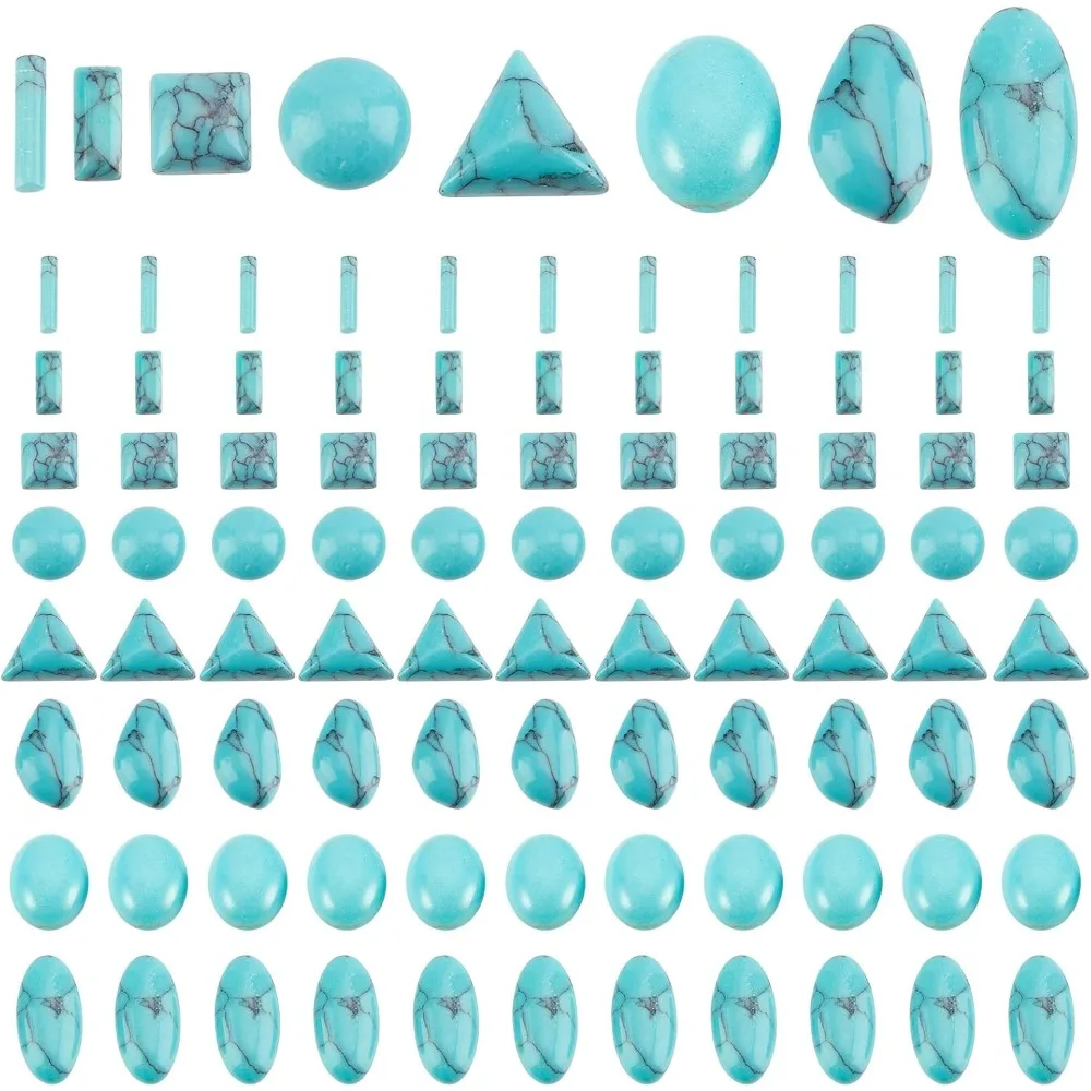 

96pcs Stone Cabochons 8 Shapes Blue Texture Gemstone Tiles Column Square Bead Half Round Turquoise Cabochon