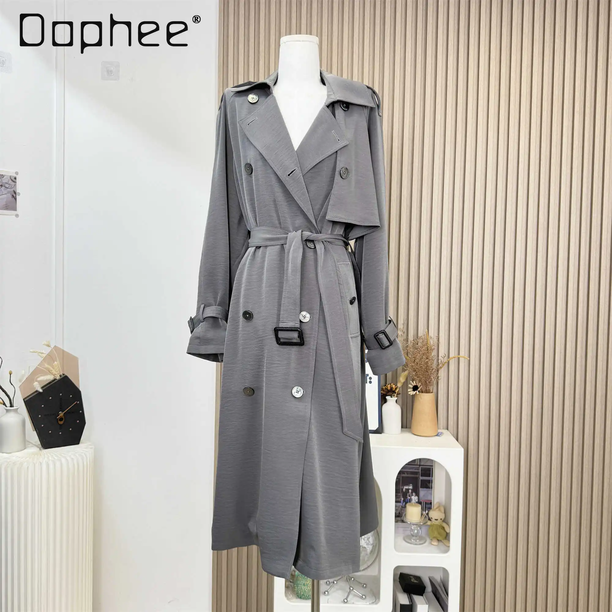 

Gray Autumn and Winter British Style Trench Coat Medium Length Double Breasted with Belt Turn Down Collar Jackets Female Trend