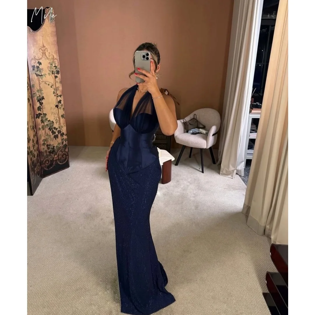 

Mila Women Navy Halter Prom Dresses Mesh V-Neck Sequin Bodice Mermaid Customized Formal Evening vestidos de gala for Wedding