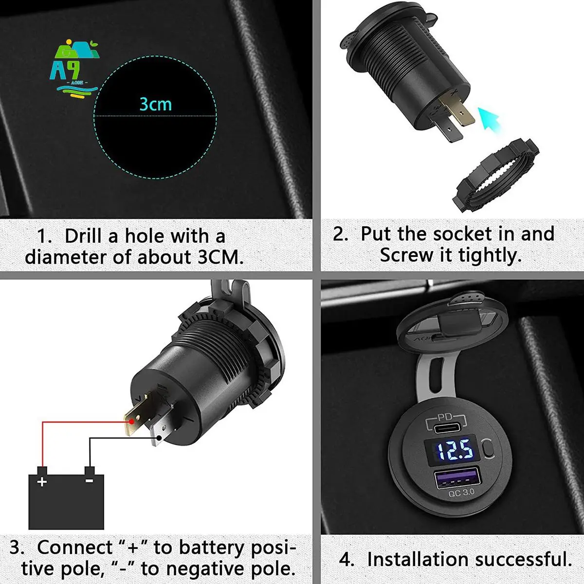 A09E-Car Dual USB Quick Charge QC 3.0 & PD USB Socket Adapter With Switch Voltmeter For Trucks RV Motorcycle