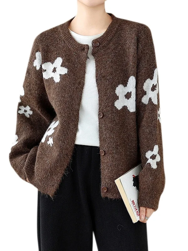 Soft Cozy Knitted Cardigan Women's Floral Print Gentle Sle Autumn Winter Long Sve Sweater Jaet Comfortable Loose Fit