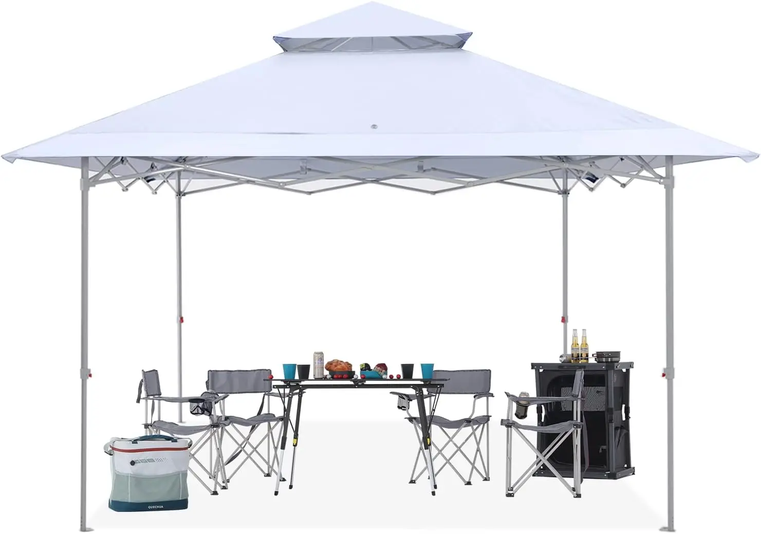 

13x13 Pop Up Canopy Base on 10x10 Canopy Frame with Double Ventilated Top, 4 Sandbags, 4 Ropes and 8 Stakes (White)