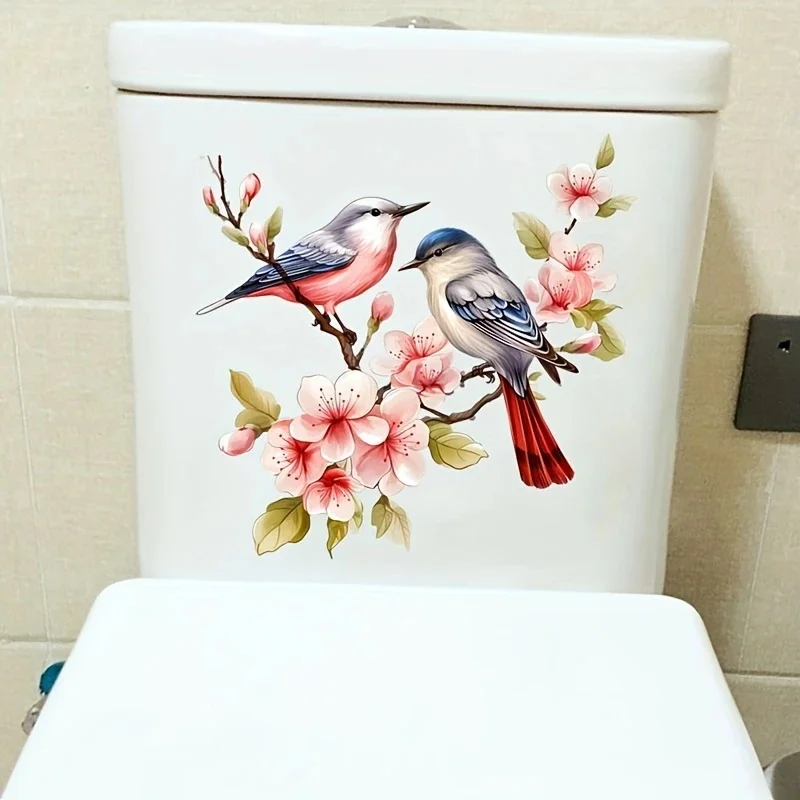 

MT1465# Charming Watercolor Peach Blossom & Bird Toilet Lid Decal - Waterproof, Self-Adhesive Bathroom Vinyl Car Decals