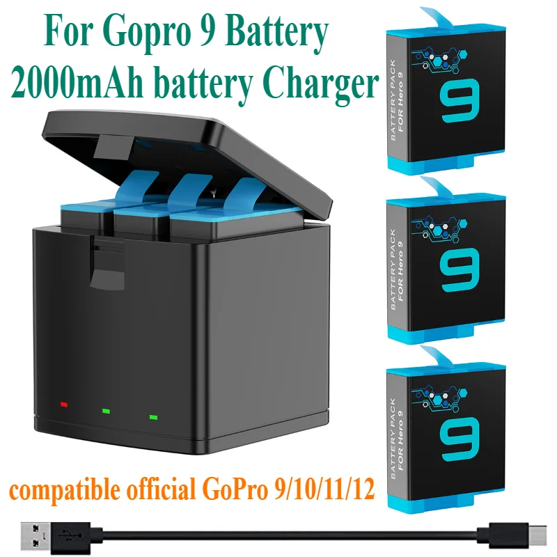 For GoPro Hero 9/10/11/12, 3-channel USB Charger Battery 2000mAh Battery Charger  (compatible Official GoPro 9/10/11/12)