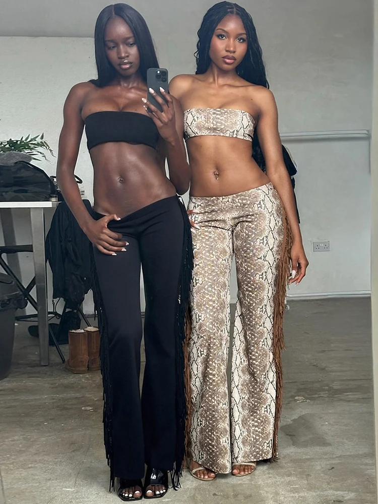 Kliou Serpentine Print 2 Piece Set Woman Sexy Wrap Chest Backless Crop Tops+Tassel Decoration Long Pants Street Wild Style Suits