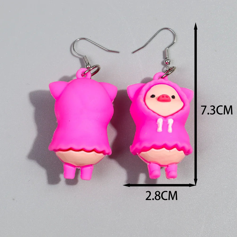 Funny Colorful Rubber Raincoat Pig Doll Earrings for Women Cute Creative Cartoon Piggy Bag Resin Earring Pendant New Jewelry