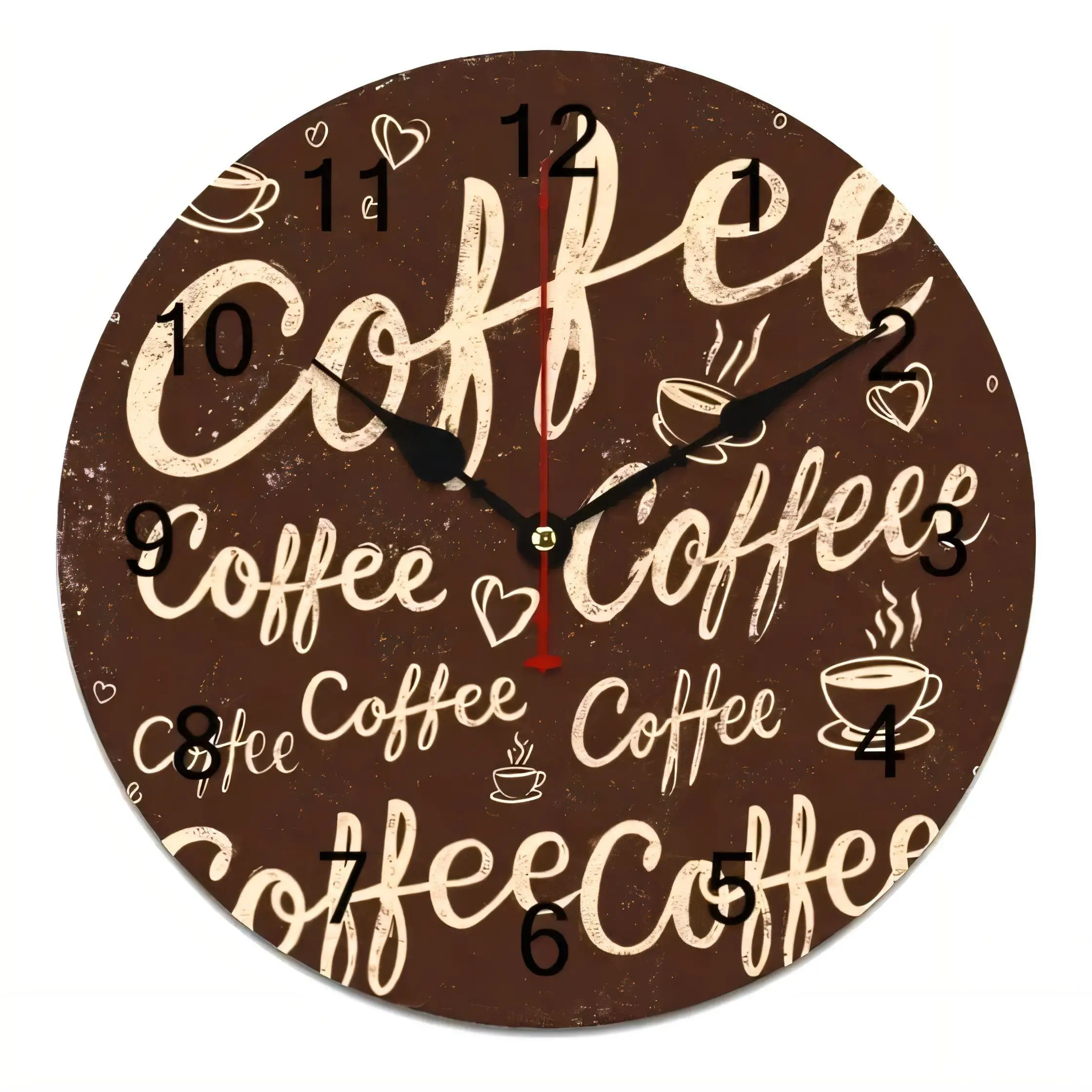 Vintage Round Wall Clock Coffee Theme Dark Brown Cream Text  Kitchen Café Decor Silent Non Ticking