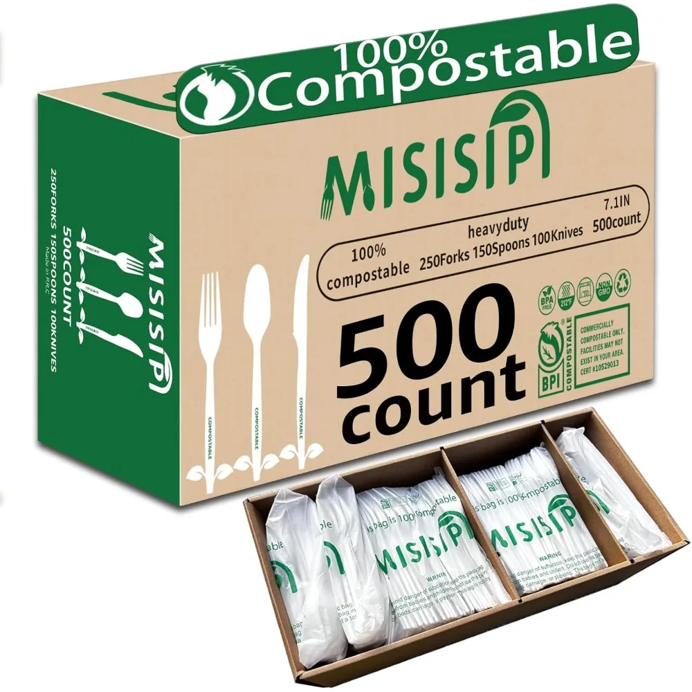 

Eco-Friendly Compostable Cutlery Set: Heavy-Duty Forks, Spoons, Knives - BPI Certified & Plastic-Free (500-Pack)