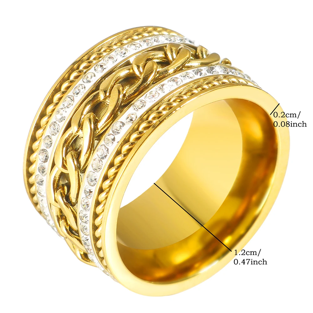 Trendy Stainless Steel Rings For Women Men Waterproof Finger Jewelry 2 Row Zircon Gold Color Twists Chain Rings