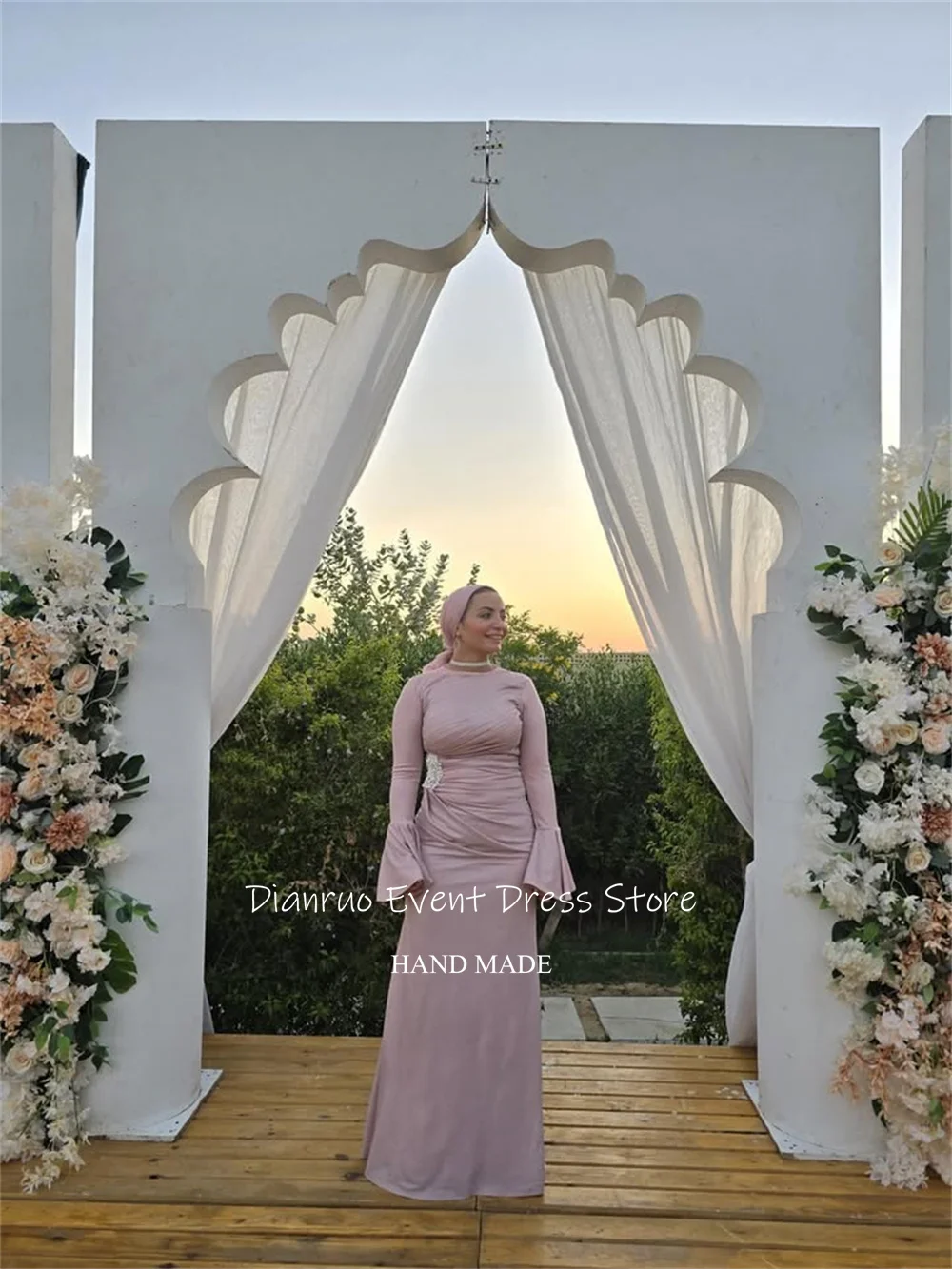 Dianruo فساتين سهرة بأكمام واسعة وردية على شكل حرف A فساتين حفلات أنيقة من الساتان برقبة دائرية فستان حفلات الزفاف العربي السعودي حسب الطلب