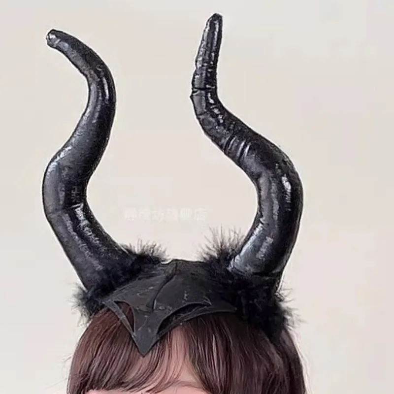 Halloween Big Devil Horn Headband Light-weight Witch Large Ox Horn Hair Band Evil Dark Demon Plush Handmade Hair Hoop Headwear