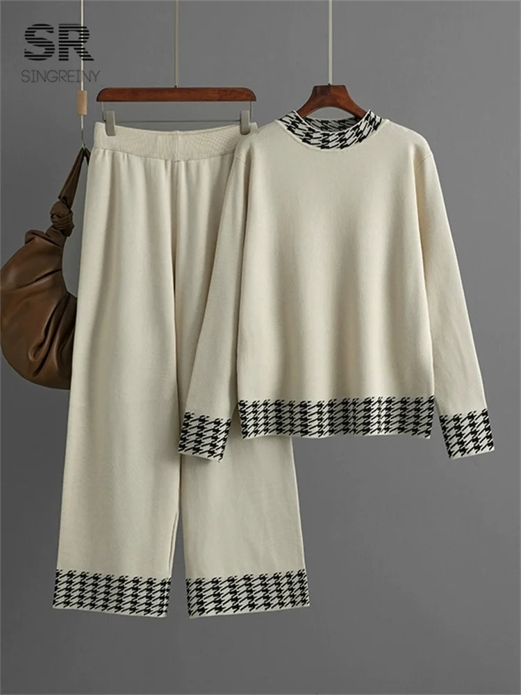 SINGREINY-Conjunto de suéter de pata de gallo para mujer, Jersey holgado + Pantalones largos de pierna ancha, trajes de punto informales de invierno, novedad de 2025