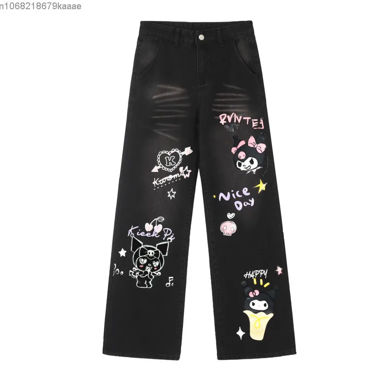 Sanrio kuromi impresso micro queimado jeans estilo coreano nicho solto calças retas y2k moda feminina cintura alta calças de perna larga