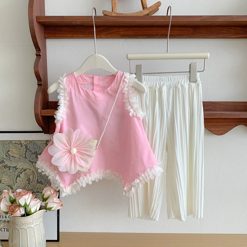 

Children Summer Clothing Sets Baby Girls Sleeveless Shirt Pants 2 Pieces Suit Kids Lace Floral Princess Clothes Inafnt Outfits