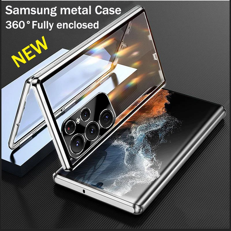 สําหรับ Samsung Galaxy S24 S22 S23 Ultra Case 360 °   กรอบโลหะอัลลอยด์แบบเต็มฝาครอบป้องกันการดูดซับ Magsafe แบบแม่เหล็กแก้ว