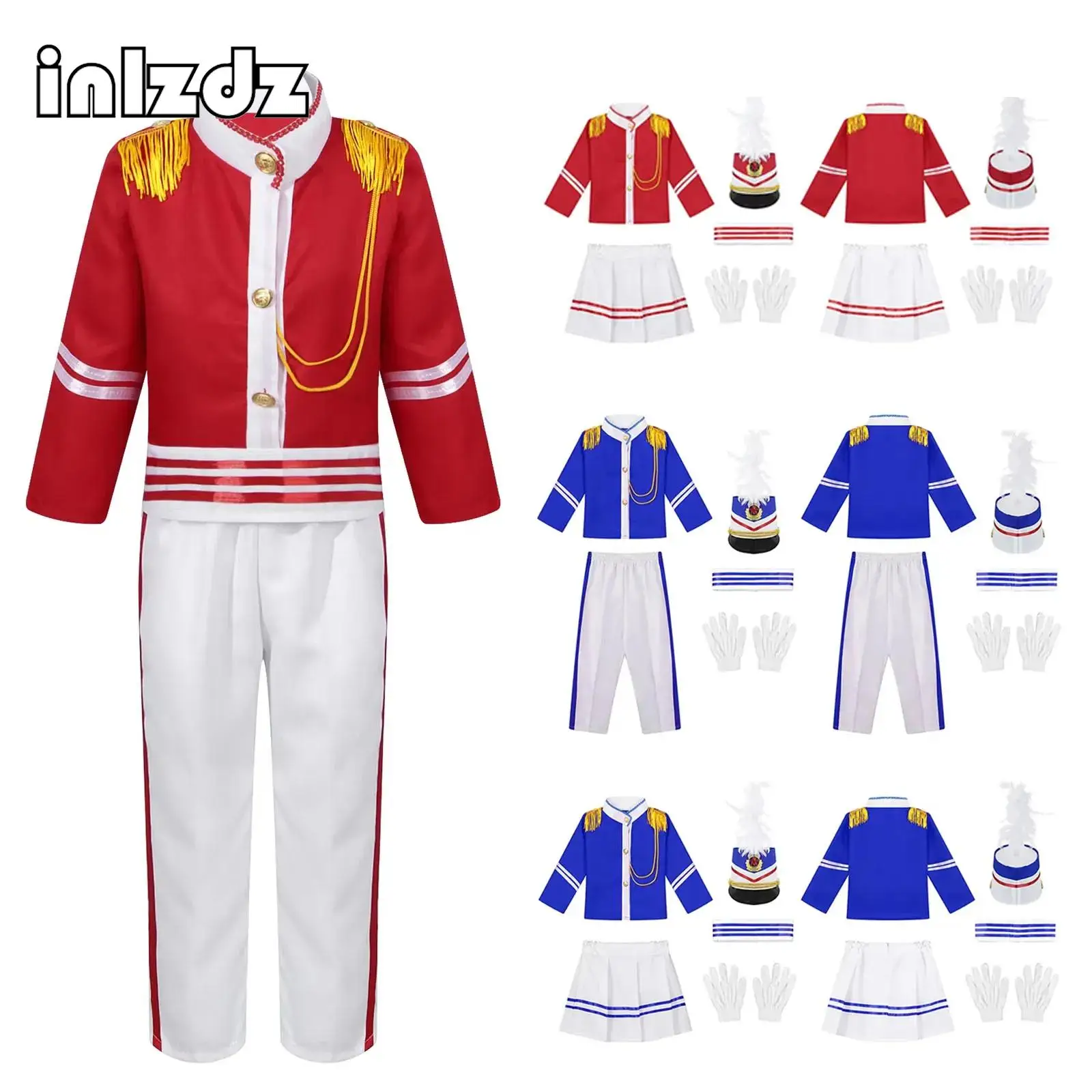 

Drum Major Outfit Marching Band Uniform Jacket Pants Mini Skirt Hat Set for Girls Boys Drummer Major Team Performance Suit