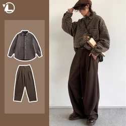 2024 Japanese Harajuku Mens Set Checkered Pockets Fashion Shirt+Trendy Straight Leg Trousers 2-pcs Spring College Casual Suit