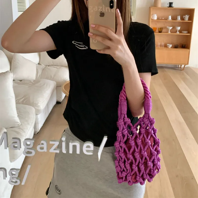 Summer Casual Tote Hollow Straw Beach Bag Handmade Woven Shoulder Bag Raffia Rattan Shopping Travel Bag Bohemian Braided Handbag