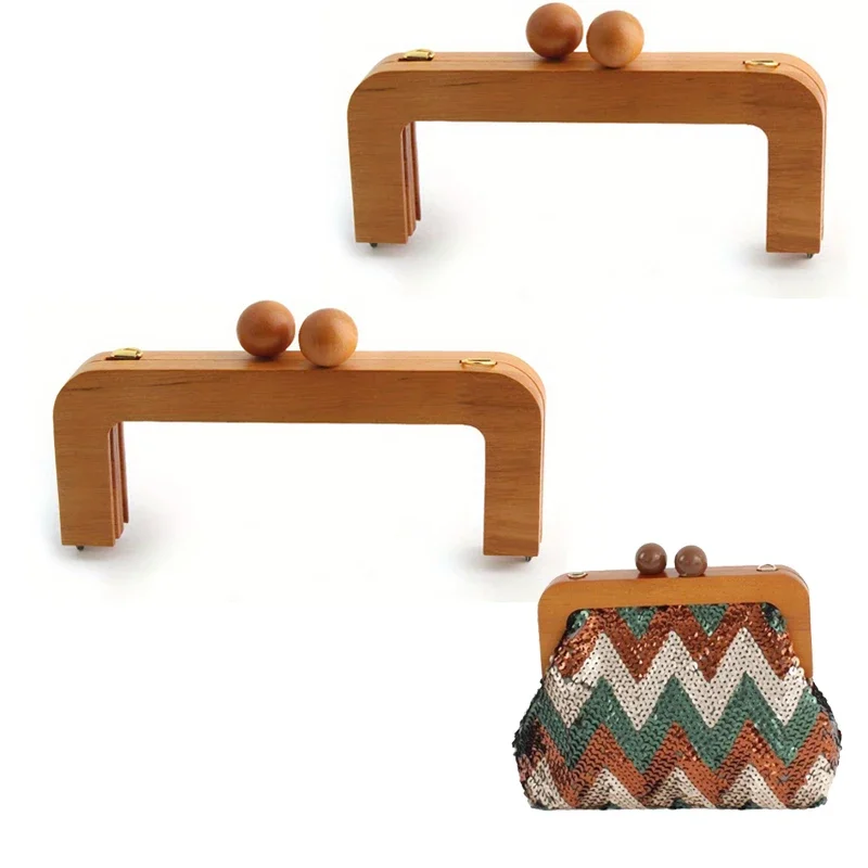 2PCS 19.5X15cm camel solid wood frame spliced bag with double wooden beads evening bag handle oak clip frame retro bag