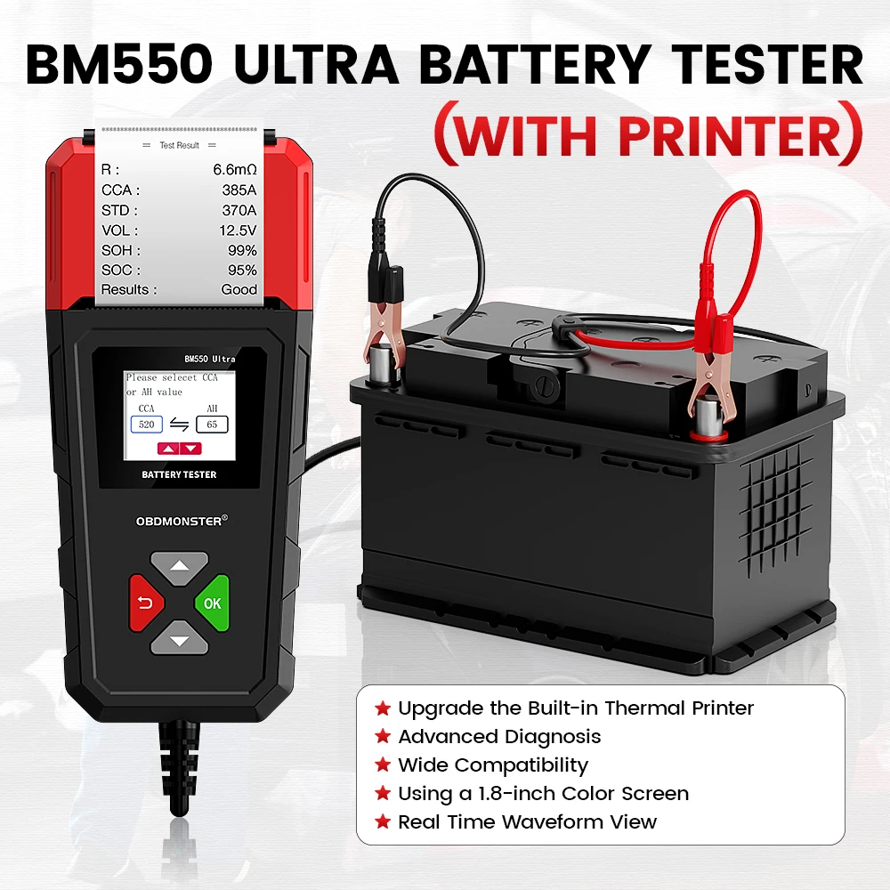 OBDMonster BM550U Car Battery Tester 6V/12V/24V 100-2000CCA Automotive Digital Battery Voltage Tester with Built-in Printer 1.8