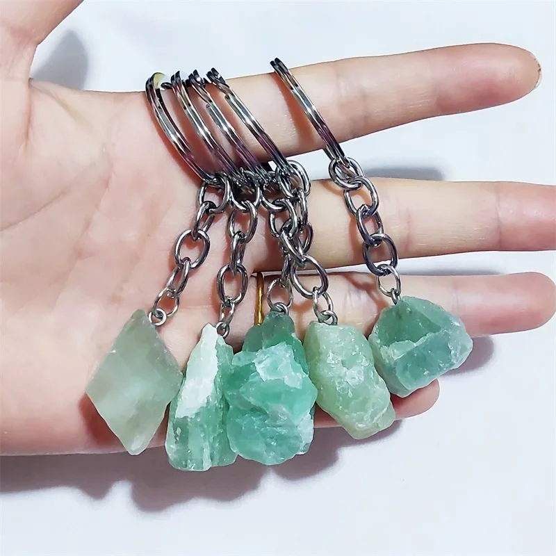 1pc Natural Raw Ore Green Fluorite Stone Key Ring Crystal Quartzs Keychain Women Men Handbag Mineral Keyring Jewelry