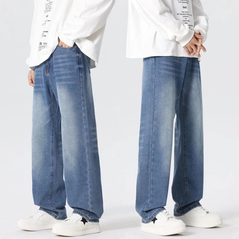 

Autumn New Wide Jeans Men's Vintage Cat Whiskers Loose Straight Pants Wash Bleach Casual Fashion Korean Denim Pants Male