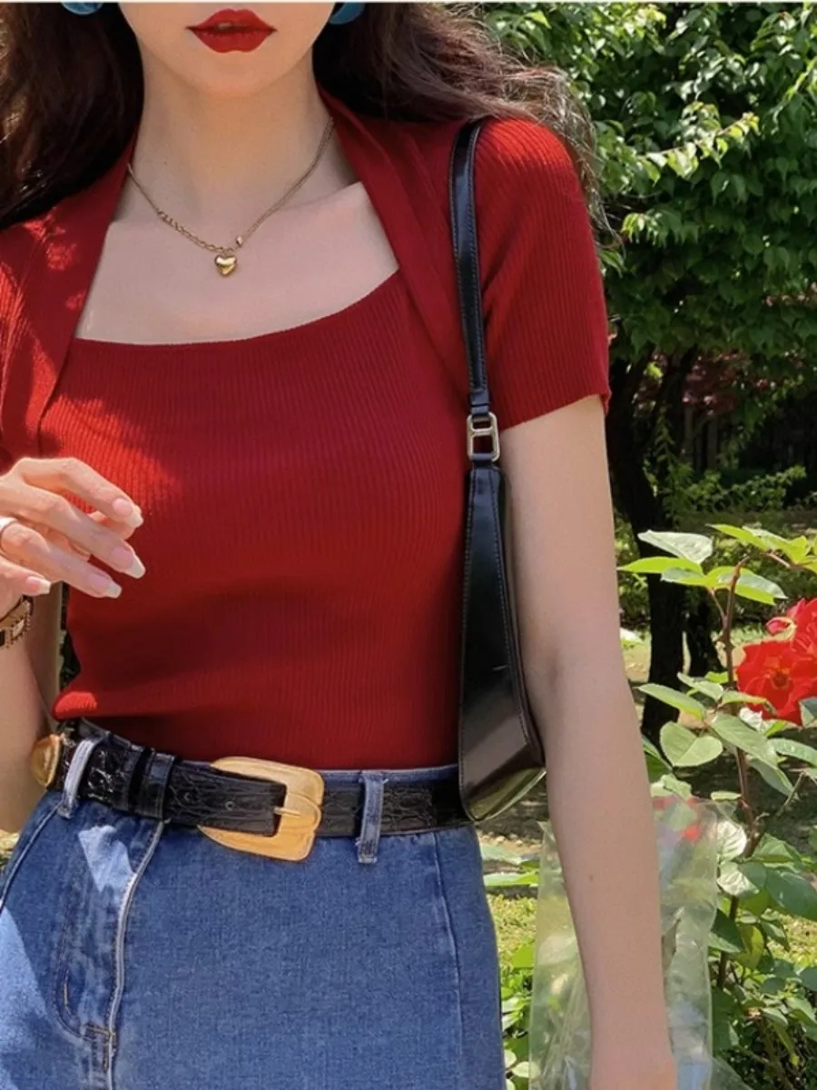 

Retro Red Square Collar Ice Silk Short Sleeve Knitted T-Shirt Women's Summer Slim Fit Bore Neck Design Sensual Korean Style