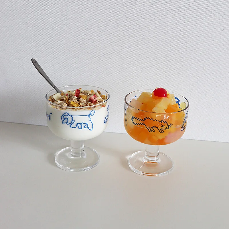 

Cute Cartoon Dog Glass Cup High Footed Ice Cr Cup Dert Cup Yogurt Wine Glass Korean Sle round ape Fly Use