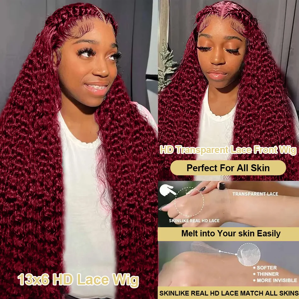 99J Burgundy 13x6 Deep Wave Lace Front Wig Water Wave Human Hair 13x4 HD Lace Frontal Curly Wigs For Woman